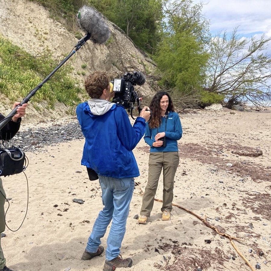 Melanie Challenger being filmed on a beach for Part of Nature.