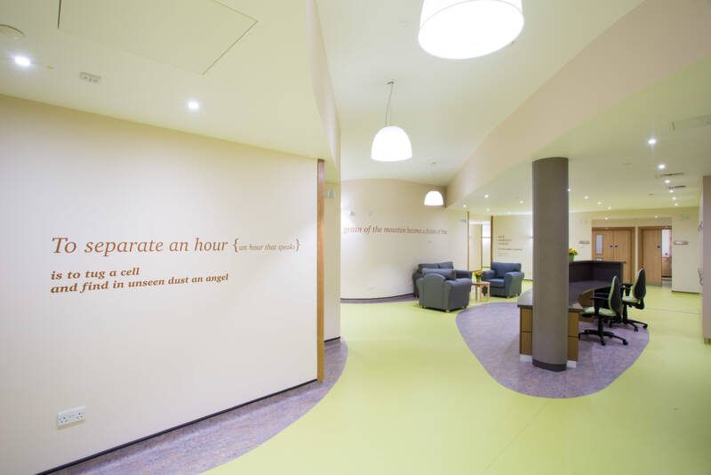 Lines of Melanie Challenger's poetry installed on the walls of Highland Hospice