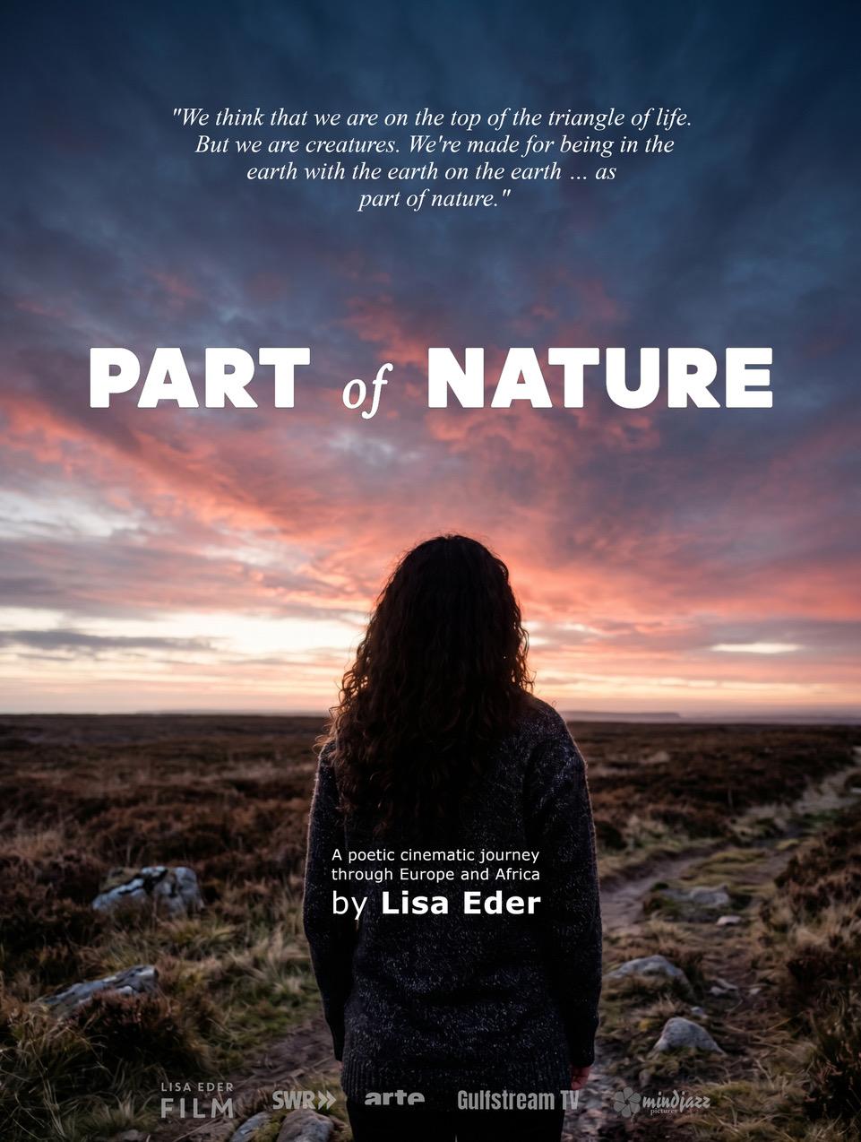 Poster for Part of Nature, a film by Lisa Eder, showing a figure looking out over moorland at sunset.