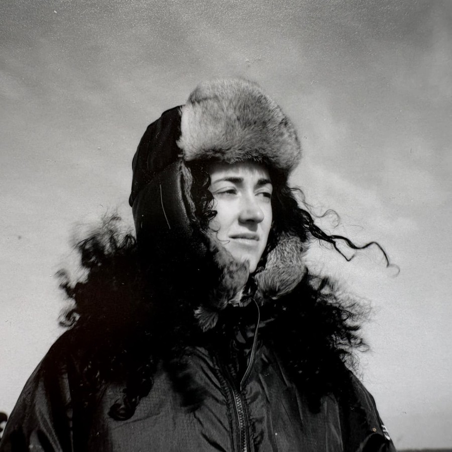 Melanie Challenger in a fur-lined hat in the far south.
